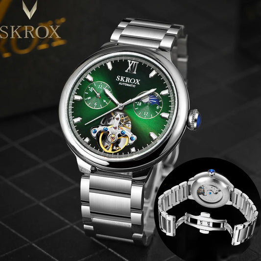 SKROX GMT Moon Phase Green Dial Stainless Steel Tourbillon skeleton Waterproof Automatic Mechanical Top Luxury Men's Wrist Watch