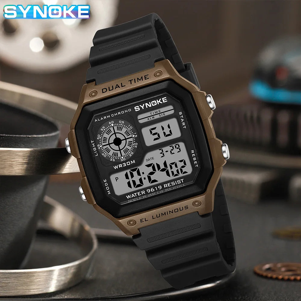 Synoke Montre numérique militaire d'extérieur pour hommes Montre rétro pour hommes de mode Montre de sport pour hommes étanche 3 bars Montre multifonctionnelle lumineuse