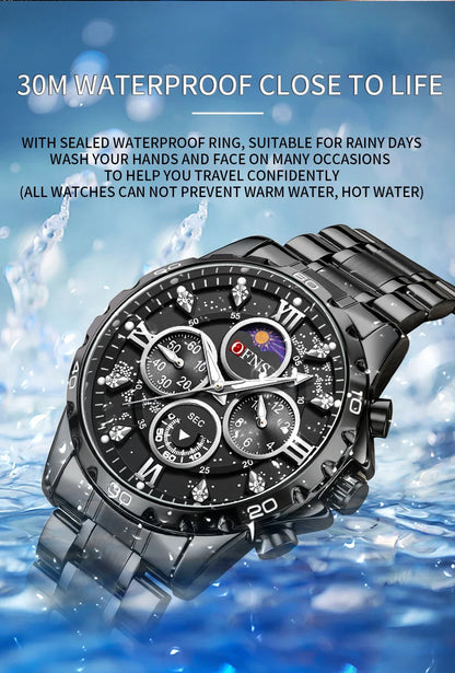 OFNS 1523 Men's Steel Band Six Needle Quartz Watch Fashionable and Trendy Simple Nightglow Waterproof Men's Watch