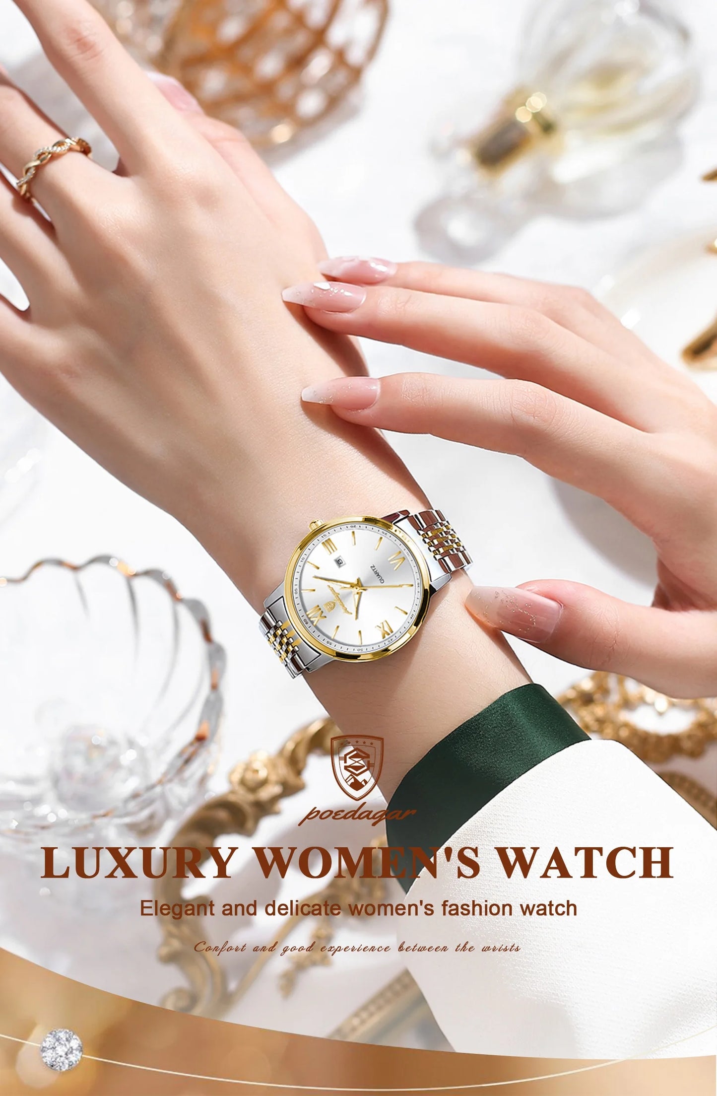 POEDAGAR Ladies Wristwatch Luxury Waterproof Luminous Date Gold Watch For Women Dress Stainless Steel Quartz Women's Watches+Box