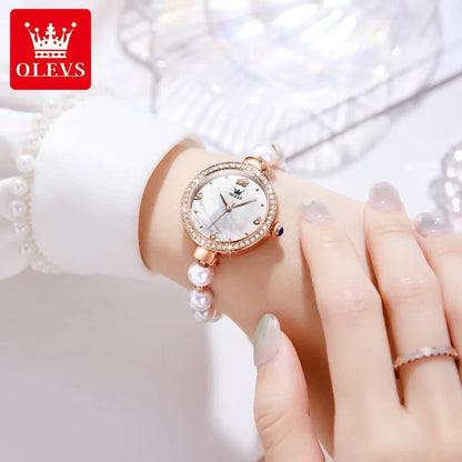 OLEVS Pearl Chain Watch for Women Luxury Diamond Dial Waterproof Original Top Brand Quartz Watches Gift Sets Relógio Feminino