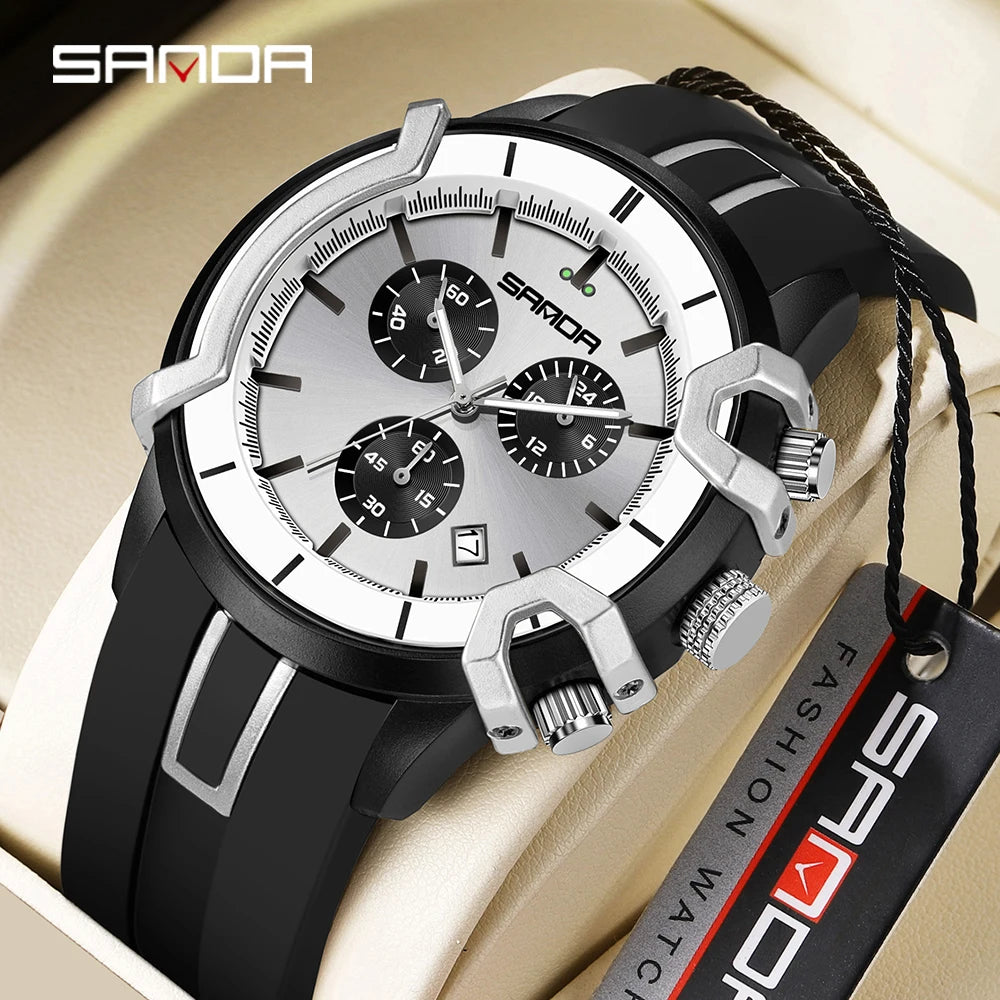 SANDA Hot Selling 9017 Men's Quartz Electronic Watch Multi functional Three Eyes Six Needle Waterproof Calendar Men's Watches