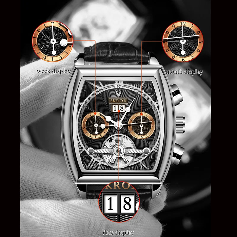 SKROX Original Tourbillon Multifunctional Date Automatic Movement Elegant Men Watch Mechanical Male Wrist Watches Luxury Clock