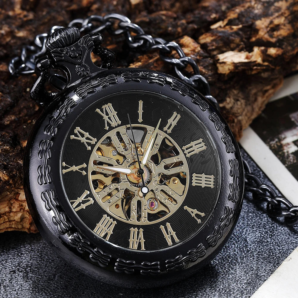 BLACK MENS POCKET WATCH WOMEN LADY PENDANT FOB MECANICAL POCKTE WATCHES FOR MAN SKELETON STEAMPUNK MALE CLOCK reloj hombre