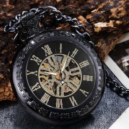 BLACK MENS POCKET WATCH WOMEN LADY PENDANT FOB MECANICAL POCKTE WATCHES FOR MAN SKELETON STEAMPUNK MALE CLOCK reloj hombre