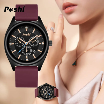 POSHI Fashion Women's Watches Luxury High Quality Silicone Strap Quartz Wristwatch with Date Original Ladies Casual Clock Gift