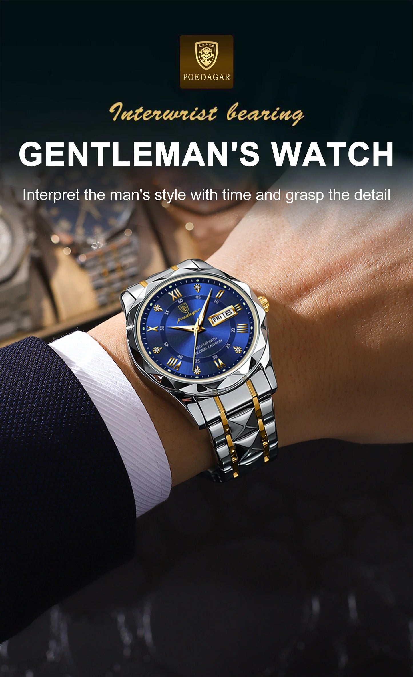 POEDAGAR Top Brand Luxury Man Wristwatch Waterproof Luminous Date Week Men Watches Stainless Steel Quartz Men's Watch Male reloj