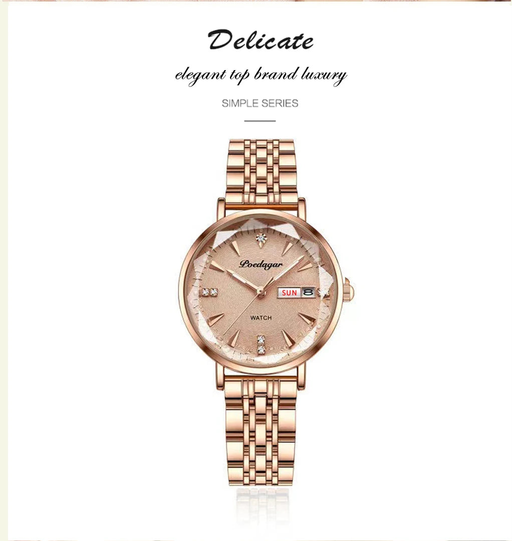 POEDAGAR Women Watch Rose Gold Stainless Steel Mesh Japan Quartz Movement Simple Waterproof Luminous Ladies watch relogio