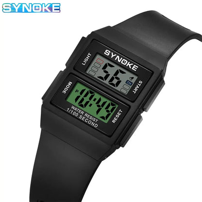 SYNOKE Montre Électronique de Sport Rectangulaire Étudiant Étanche 50M Veilleuse Design Léger Réveil Tendance Style Rétro