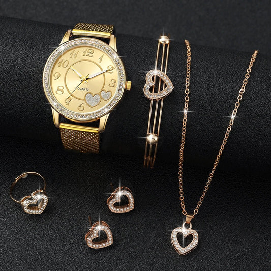 6PCS/Set Women's Watch Fashion Heart Dial Quartz Watches Plastic Band Wristwatches Rhinestone Jewelry Set（Without Box）