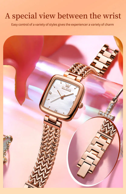 OLEVS New Quartz Watch for Women Elegant Rose Gold Stainless Steel Square Watch Original Luxury Ladies Wristwatches Jewelry Set