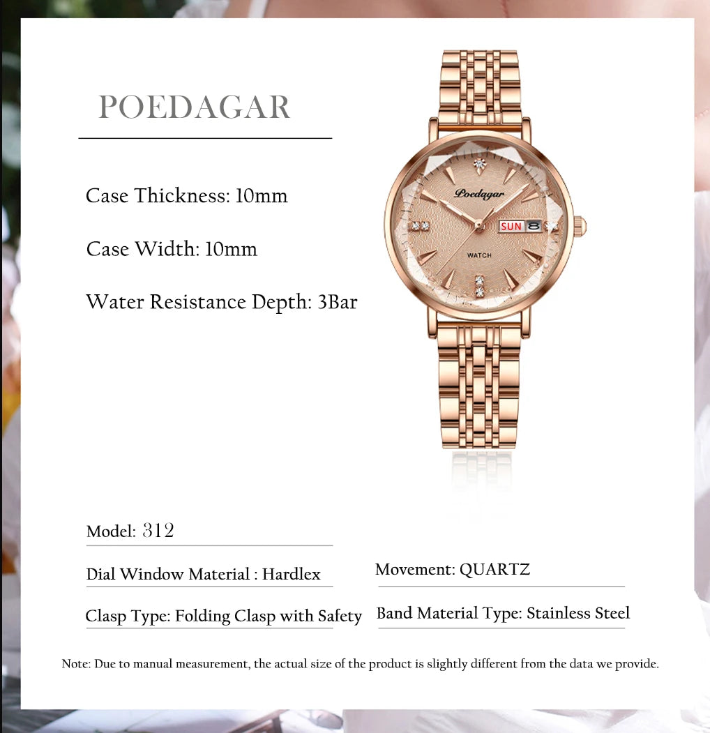 POEDAGAR Women Watch Rose Gold Stainless Steel Mesh Japan Quartz Movement Simple Waterproof Luminous Ladies watch relogio