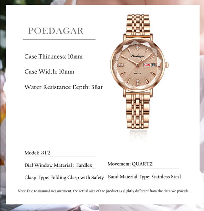 POEDAGAR Women Watch Rose Gold Stainless Steel Mesh Japan Quartz Movement Simple Waterproof Luminous Ladies watch relogio