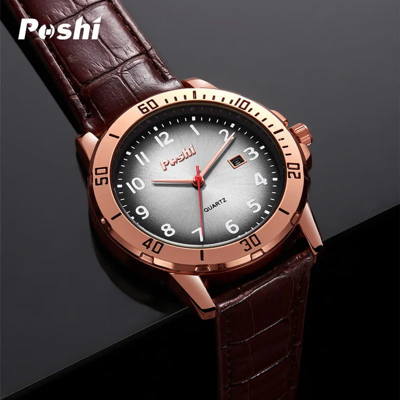 POSHI Simple Man Quartz Watch Luxury Leather Strap with Date Men's Watches Waterproof Original Clock Sport relogios masculino