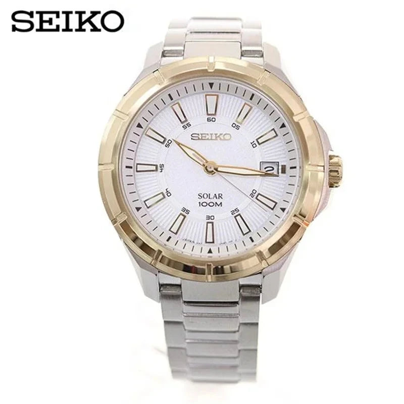 Seiko Men's Quartz Watch Solar Series Original Japanese 10 Bar Waterproof Metal Silver Wristband Leisure Business Watch