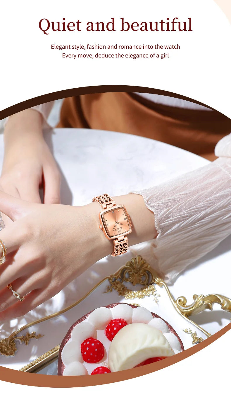 OLEVS New Quartz Watch for Women Elegant Rose Gold Stainless Steel Square Watch Original Luxury Ladies Wristwatches Jewelry Set