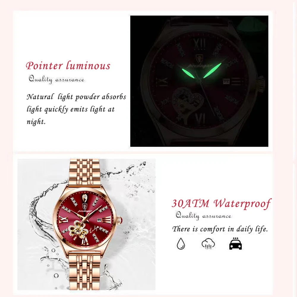 POEDAGAR Women Watch Fashion Luxury Wine Red Quartz Watches Waterproof Stainless Stain Ladies Wristwatch Romatic Girlfriend Gift