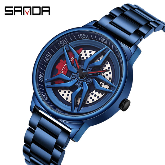 Car Wheel Watch Men Quartz Rotating Dial Waterproof Sport Steel Clock Creative Rim Hub Wheel Wristwatch Relogio Masculine