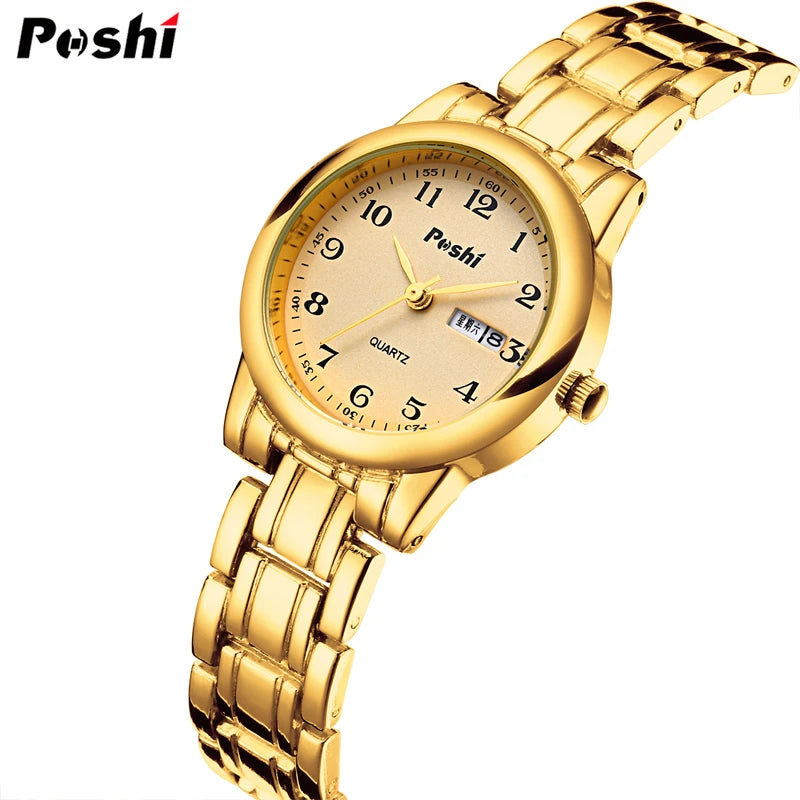 POSHI Original Waterproof Quartz Watch for Women Fashion Ladies Bracelet Luxury Stainless Steel Strap Date Week Women's Watches