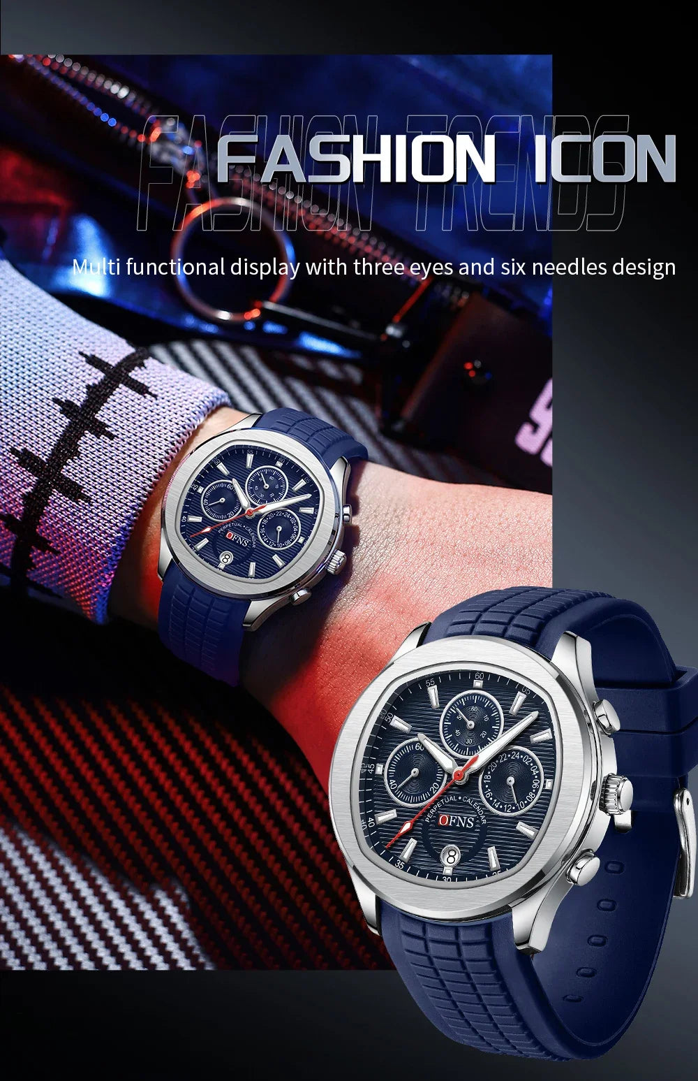 OFNS Top Class 8019 New Men's Quartz Watch Youth Student Fashion Three Eyes Six Needle Calendar Waterproof Men's Quartz Watch