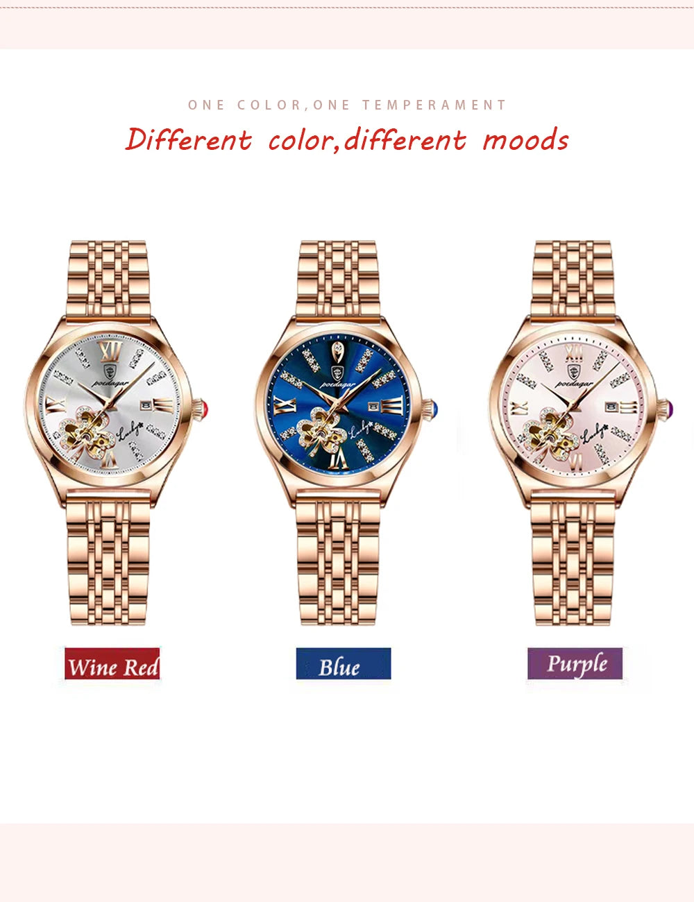 POEDAGAR Women Watch Fashion Luxury Wine Red Quartz Watches Waterproof Stainless Stain Ladies Wristwatch Romatic Girlfriend Gift