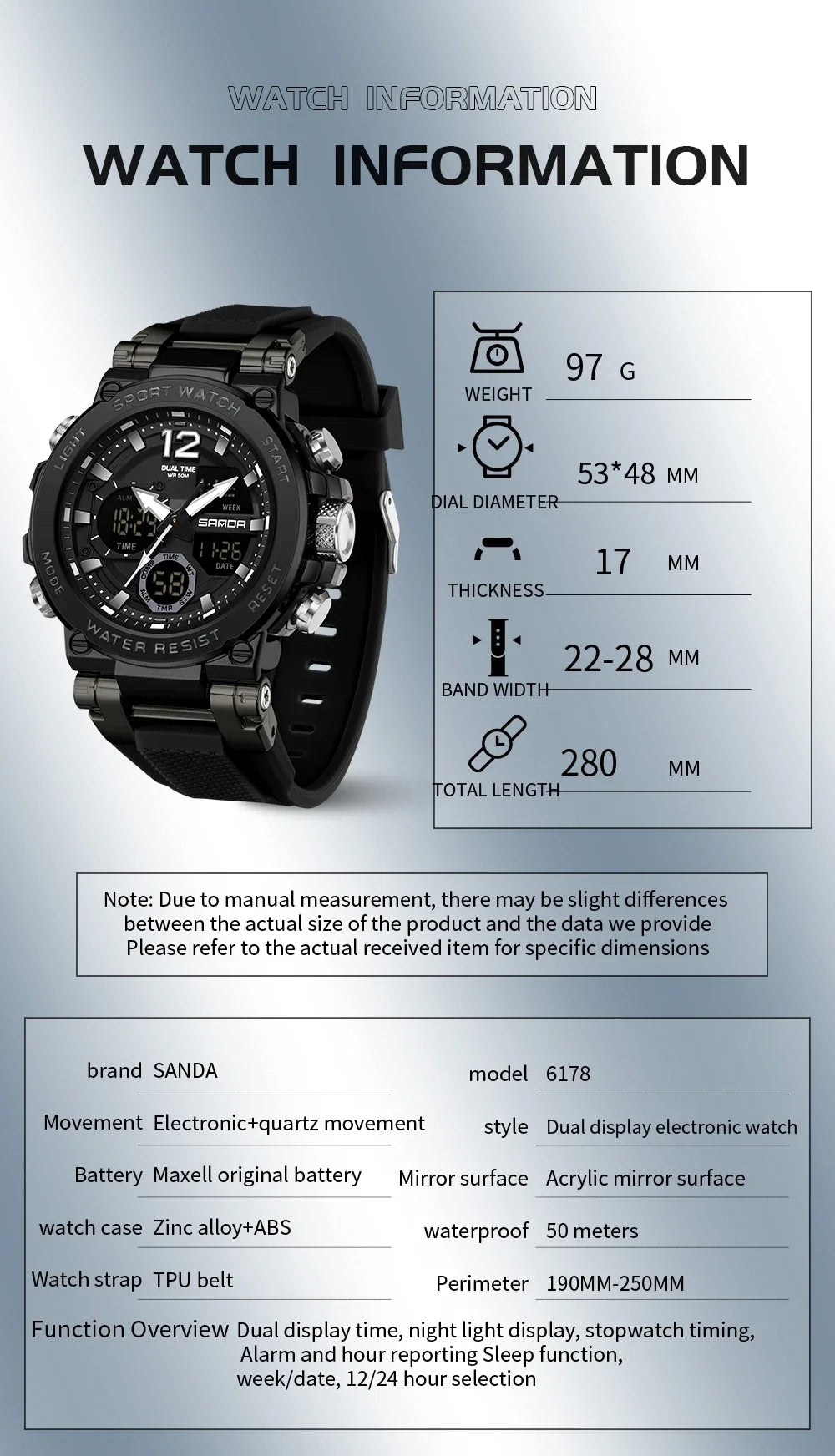 SANDA Brand New 6178 Men's Quartz Electronic Watch Cool and Multi functional Waterproof Steel Band Men's Quartz Electronic Watch