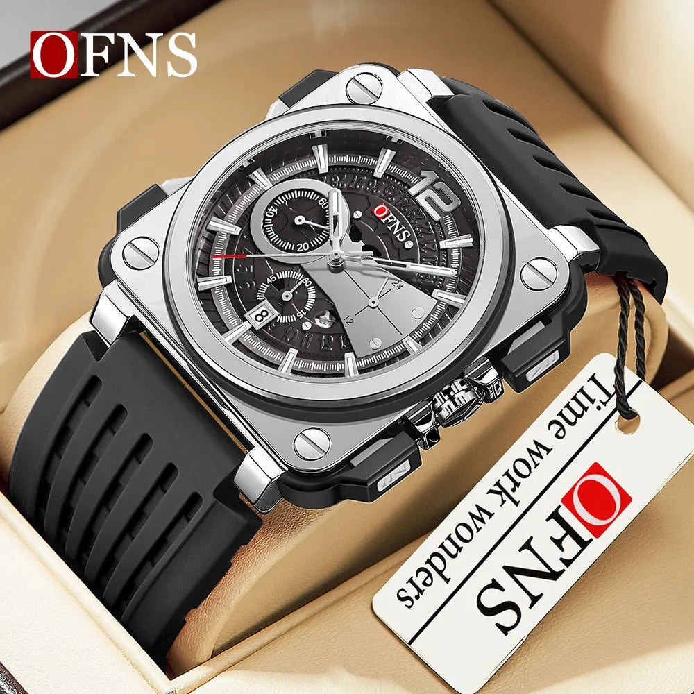 OFNS brand 1305 square dial men's quartz watch fashionable and simple with nail strips calendar waterproof men's quartz watch