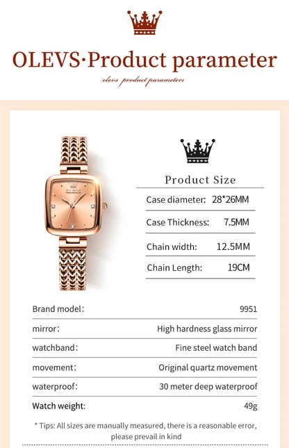 OLEVS New Quartz Watch for Women Elegant Rose Gold Stainless Steel Square Watch Original Luxury Ladies Wristwatches Jewelry Set