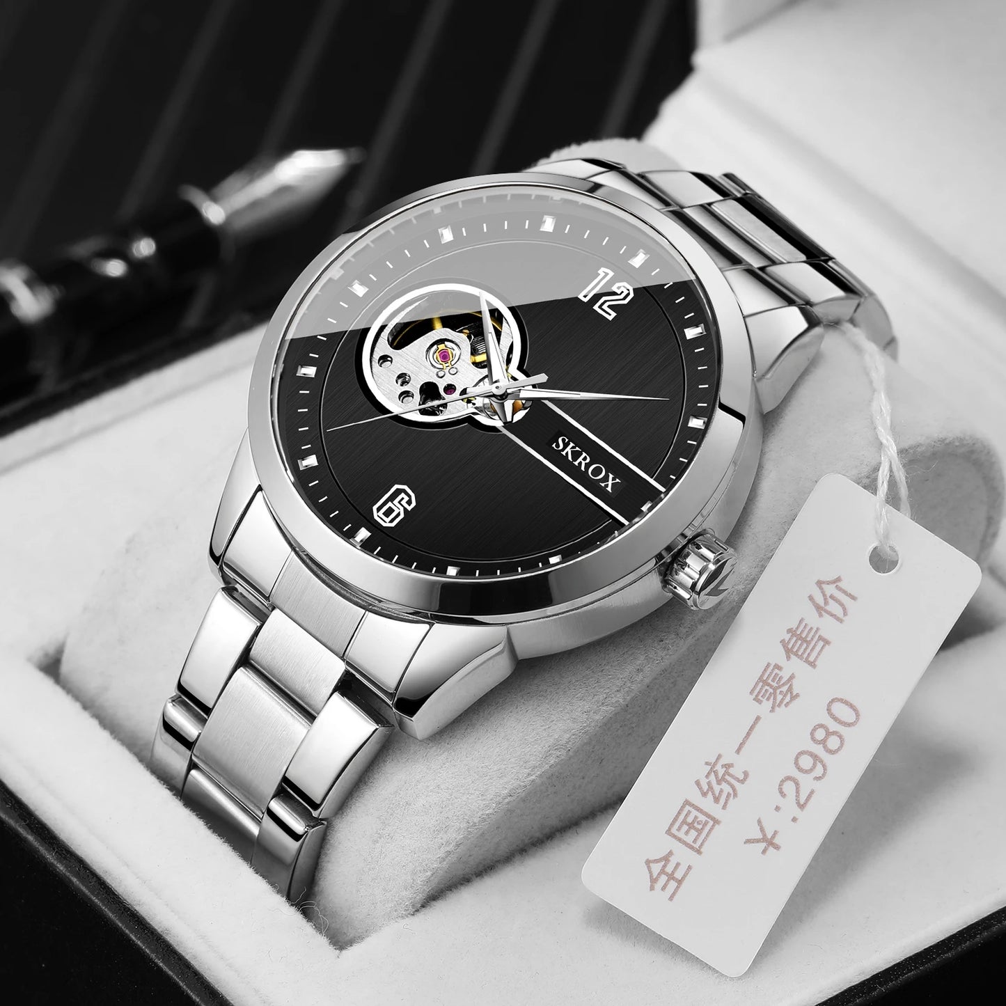 SKROX Original Top Brand Luxury Stainless Steel Skeleton Automatic Male Watch Waterproof Mechanical Elegant  Men Wrist Watches