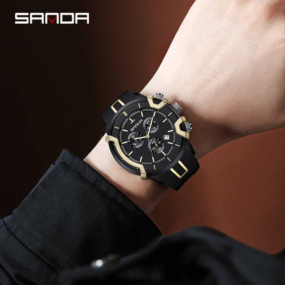 SANDA Hot Selling 9017 Men's Quartz Electronic Watch Multi functional Three Eyes Six Needle Waterproof Calendar Men's Watches