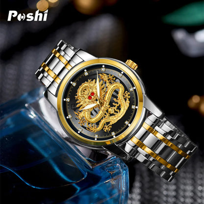 POSHI Stainless Steel Fashion Quartz Watch for Man Gold Dragon Quartz Watches Luxury Men's Wristwatch Waterproof with Box Gift