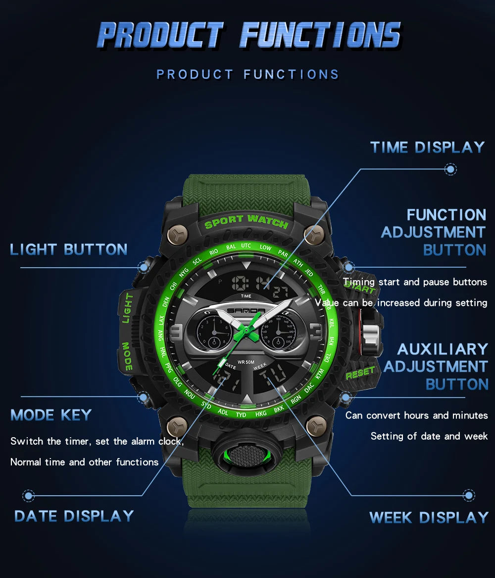 ساعة يد رقمية للرجال من SANDA رياضية عسكرية كوارتز مقاومة للماء حتى عمق 50 متر بشاشة مزدوجة للرجال طراز Relogio Masculino 3153