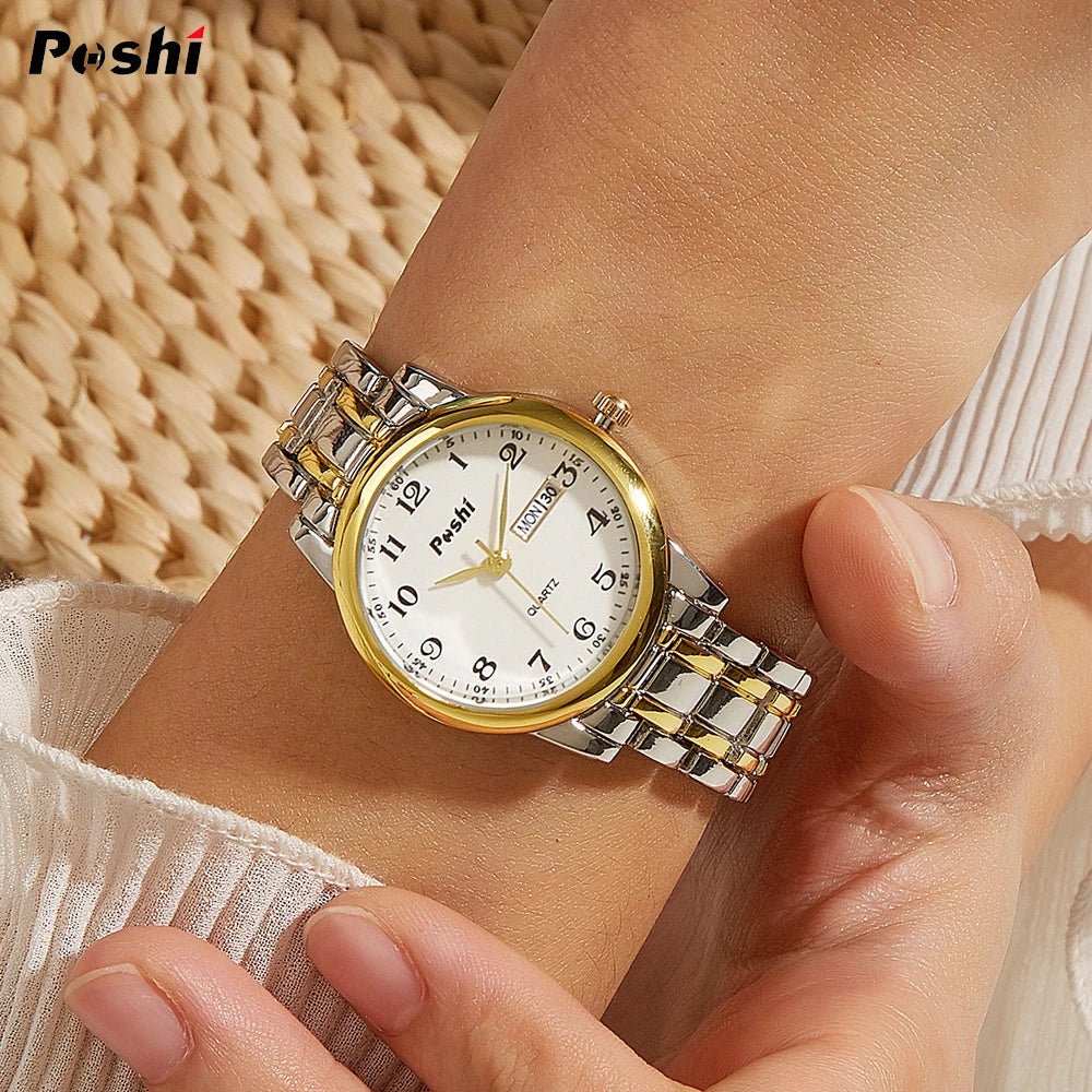 POSHI Quartz Watch for Women Fashion Ladies Bracelet Luxury Stainless Steel Strap Date Week Original Waterproof Women's Watches