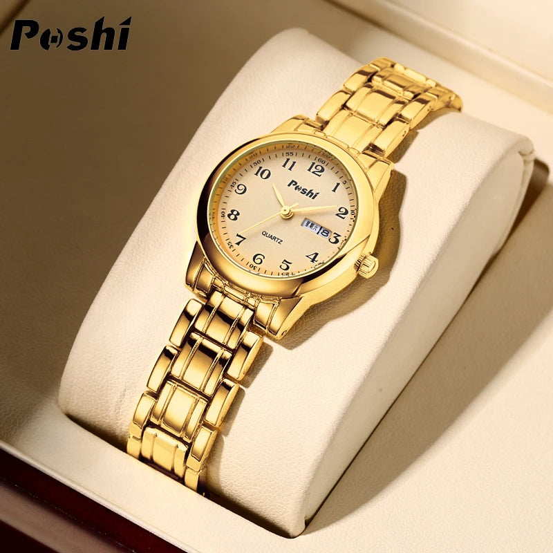 POSHI Original Waterproof Quartz Watch for Women Fashion Ladies Bracelet Luxury Stainless Steel Strap Date Week Women's Watches