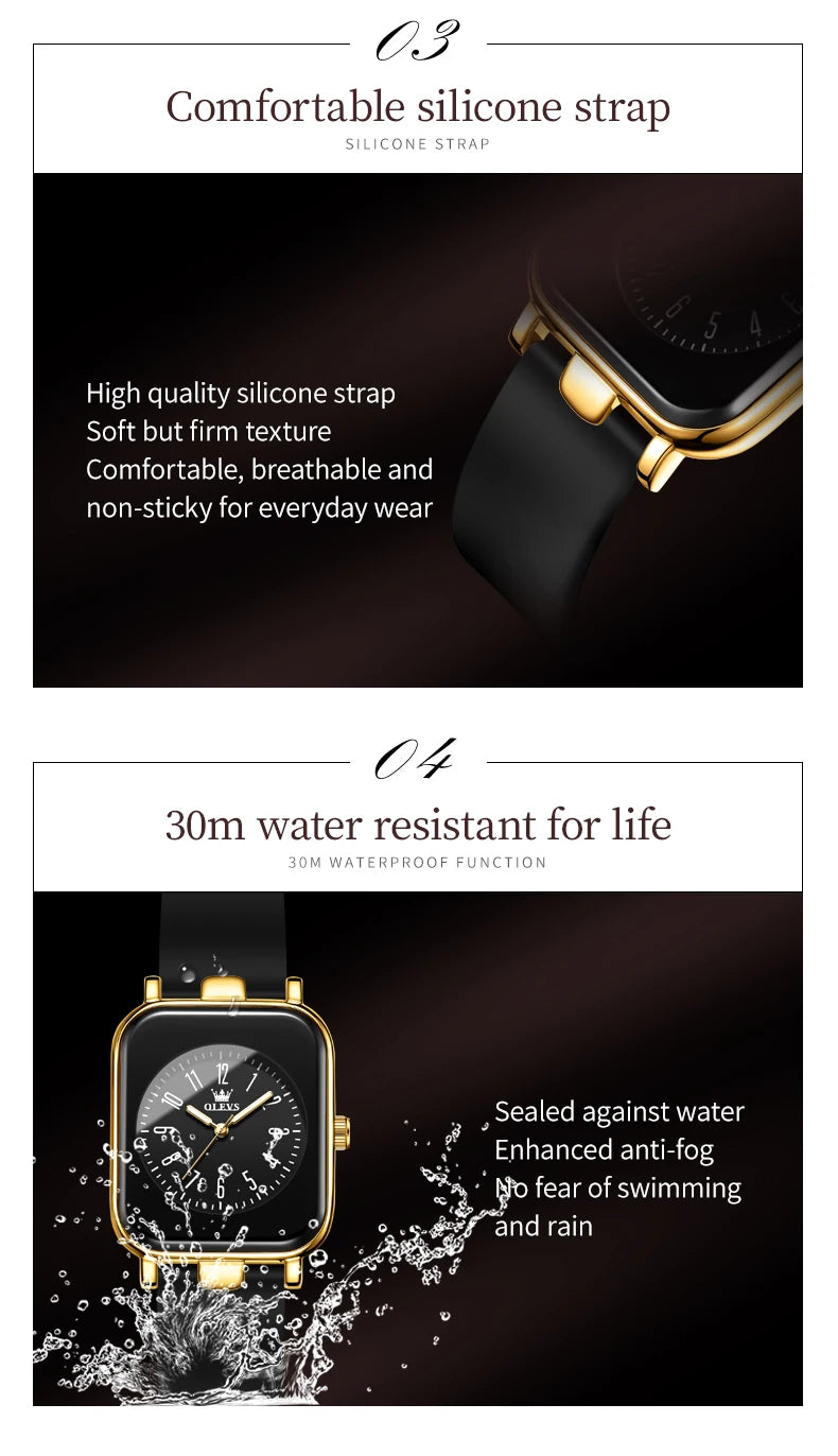 OLEVS NEW Square Watch for Ladies Luminous Waterproof  Silicone Band Simple Wristwatch 2023 Trend Fashion Women Watches Original