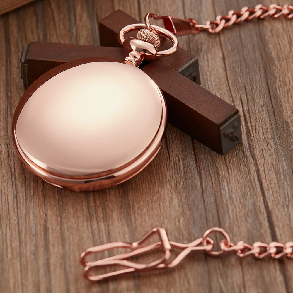 Vintage Rose Gold Smooth Quartz Pocket Watch Men Women Steampunk Pendant Fob Chain Roman Pocket Watch Men Clock Male