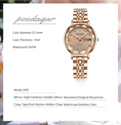 POEDAGAR Fashion Dress Watch Luxury Elegant Waterproof Luminous Date Week Quartz Women's Watches Gift Casual relojes para mujer