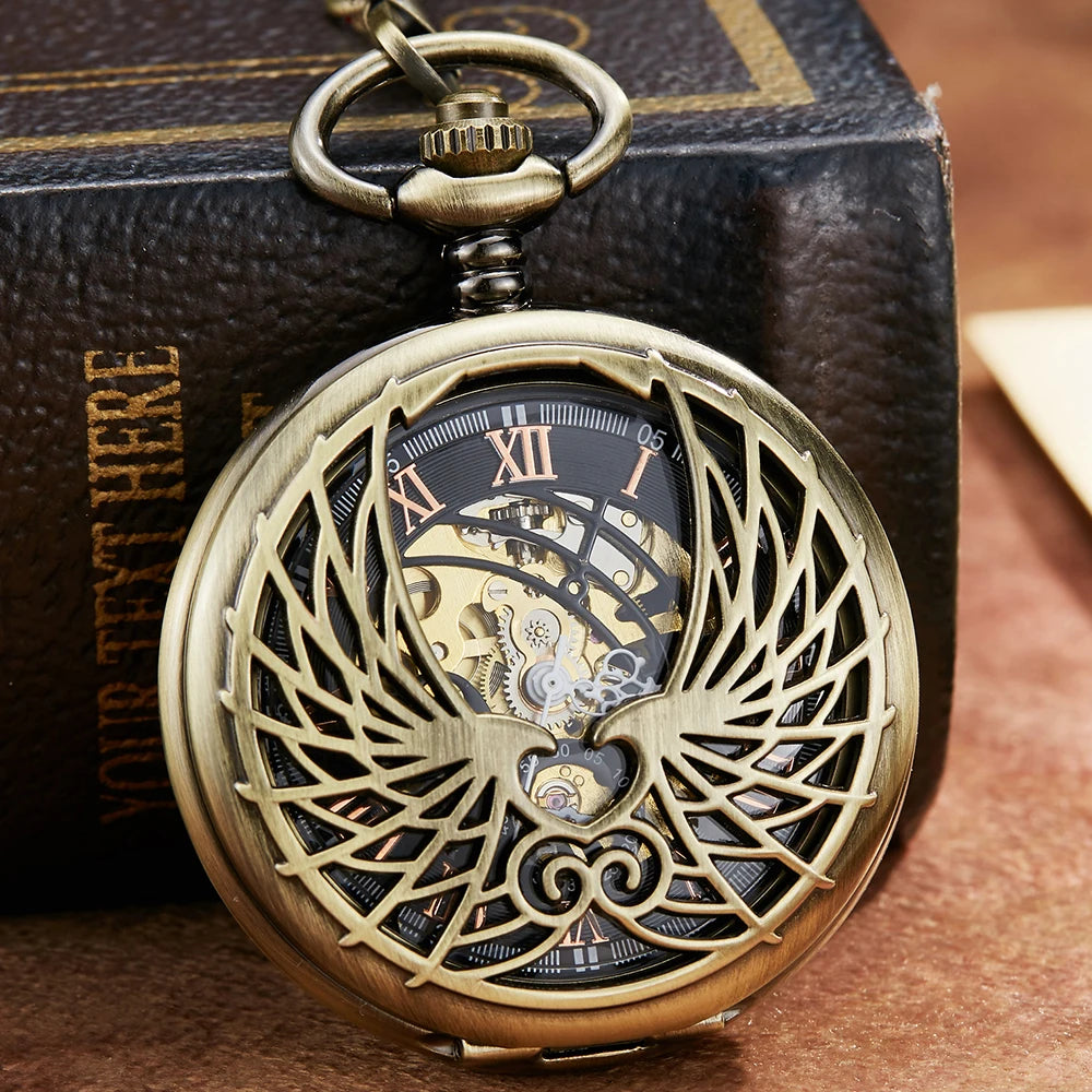 Angel Double Wings Vintage Mehanical Pocket Watch FOB Chain Roman Dial Hollow Skeleton Hand Wind Mechanical Mens Womens Watch