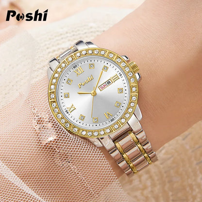 POSHI Quartz Watch for Women Alloy Strap Causal Ladies Wristwatch with Date Week Fashion Elegant Bracelet Waterproof Gift