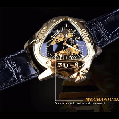 WINNER Steampunk Fashion Men's Automatic Mechanical Watches Triangle Golden Skeleton Movement Genuine Leather Racing Wristwatch