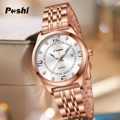 POSHI Women Watches Fashion Stainless Stain Steel Ladies Watch Waterproof Rose Gold Quartz Wristwatch Romatic Girlfriend Gift