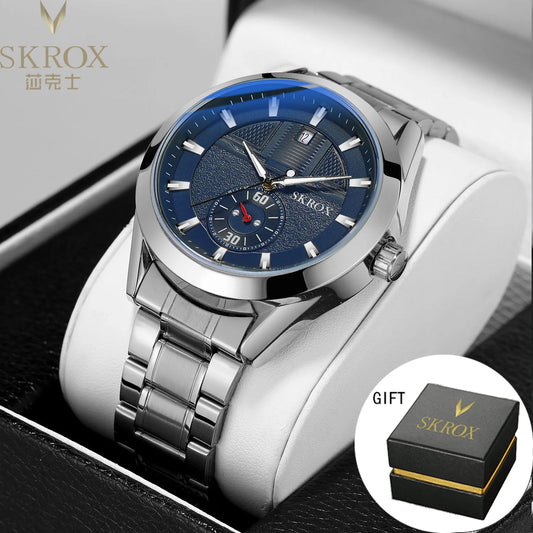 SKROX Luxury Blue Dial Watch For Man Stainless Steel Automatic Mechanical Waterproof Luminous Military Male Wrist Watches Clock