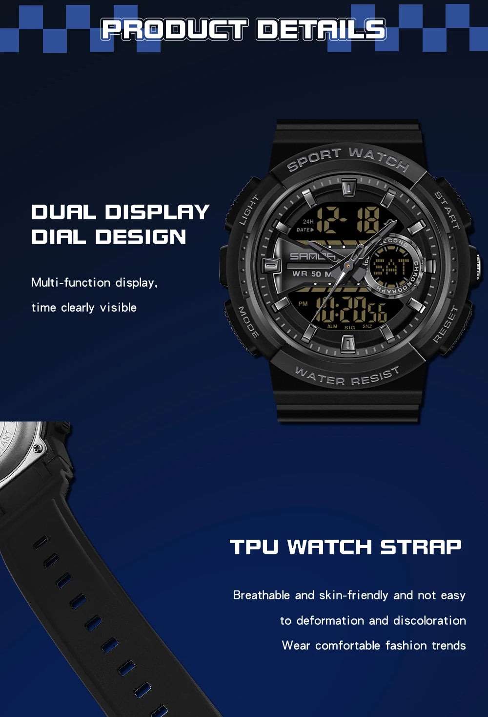 SANDA New Fashion Military Sports Watch Dual Display LED Date Digital Watches Waterproof Men's Quartz Watch Relogio Masculino