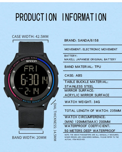 Sanda 6158 New Published Multiple Functions Outdoor Sports Waterproof Digital Movement LED Men Wrist Electronic Alarm Watches