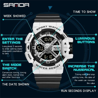 SANDA New Men's Watches Dual Display Sports Military 50M Waterproof Digital Watch Quartz Wristwatch Clock Relogio Masculino 3128