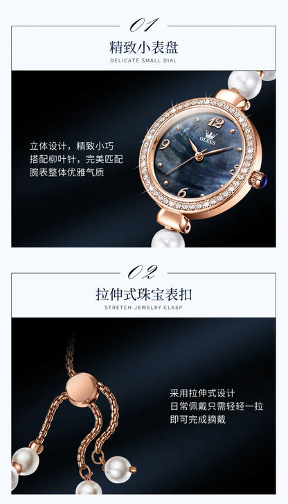 OLEVS Pearl Chain Watch for Women Luxury Diamond Dial Waterproof Original Top Brand Quartz Watches Gift Sets Relógio Feminino