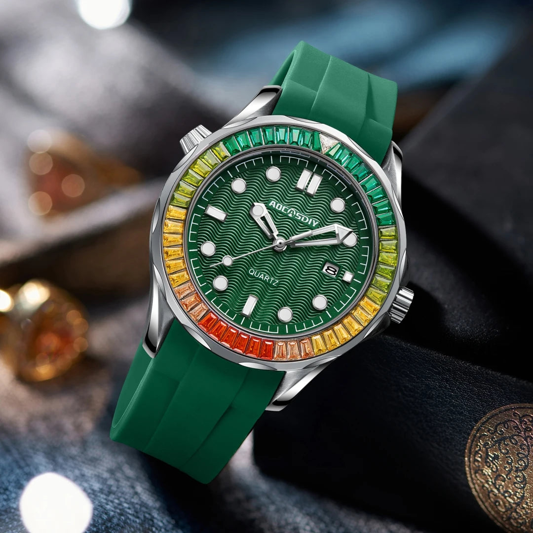 New rainbow diamond calendar men's watch Business leisure endurance sports wristwatch Green large dial luminous waterproof clock