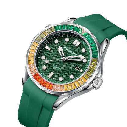 New rainbow diamond calendar men's watch Business leisure endurance sports wristwatch Green large dial luminous waterproof clock