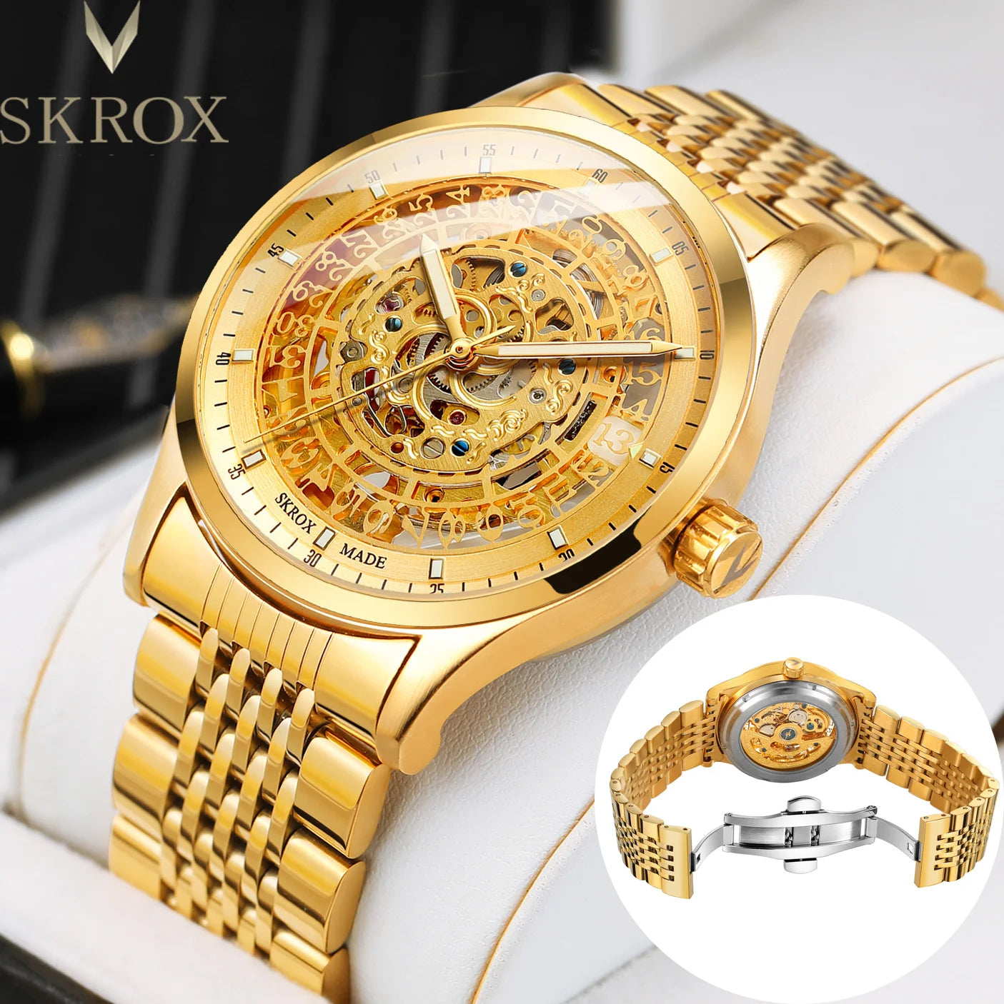 SKROX Stainless Steel Man Gold Watch Skeleton Automatic Mechanical Waterproof Male Wrist Watches Original Brand Luxury Clockwork