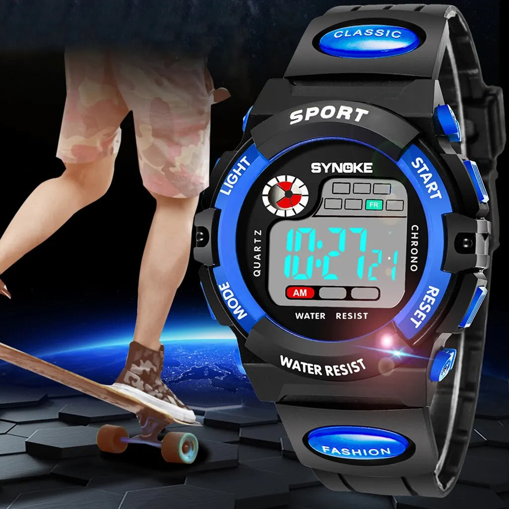 SYNOKE Montre numérique pour enfants, montre de sport, étanche, électronique, résistante aux chocs, multifonctionnelle, lumineuse, tendance